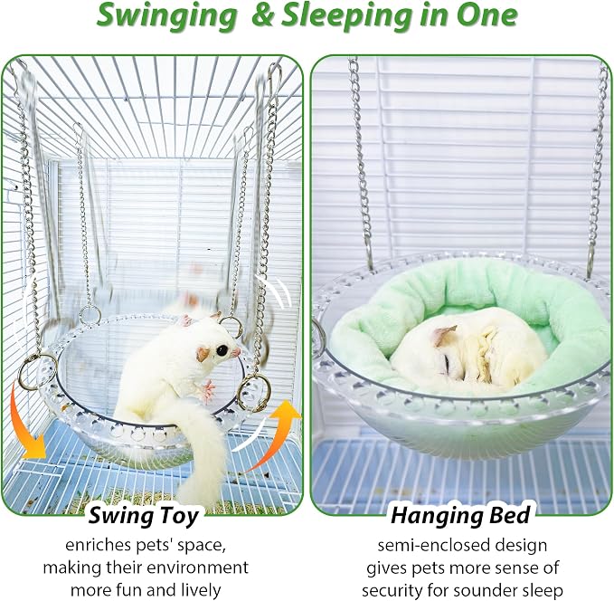 Sugar Glider Hammock for Cage, Transparent Bed for Clear Observation | All-Season Comfort with Removable Pad, Chew Proof Sleeping Pouch, Metal Chain Reinforced Sugar Glider Cage Accessories