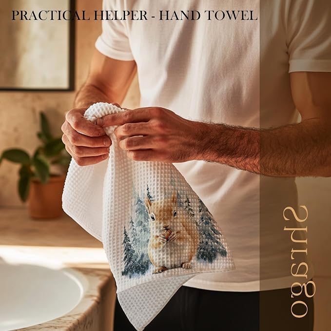 Winter Christmas Squirrel Kitchen Towels, Gifts for Squirrel Lovers Dish Tea Towels for Kitchen, Winter Pine Tree Forest Decorative Hand Towel for Kids Bathroom Decor, 16x24 Inch