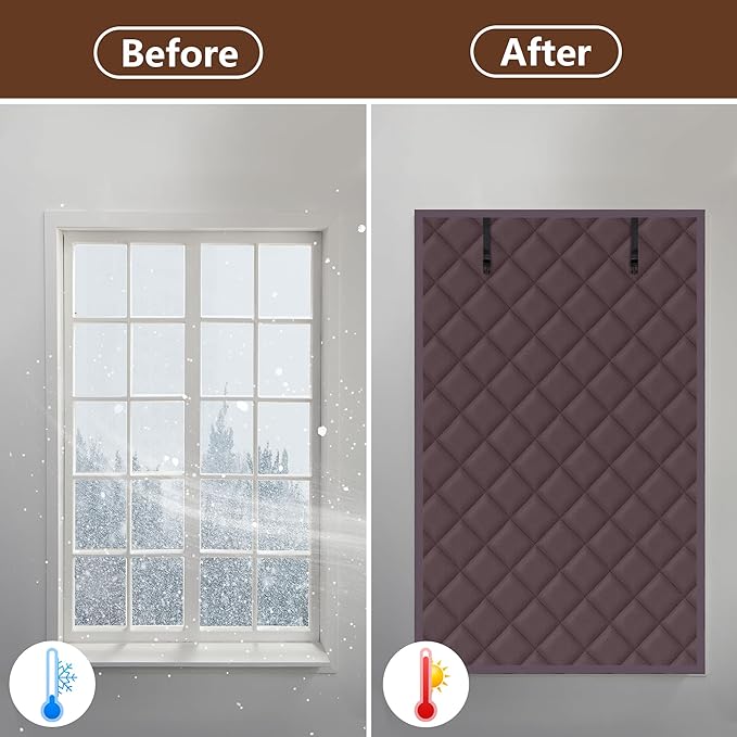 3 Layer 63 x 39 Inch Winter Insulated Window Curtain,Oxford Thermal Insulated Window Blanket with Fastener,Brownish Red Window Insulation Kit for Winter Keeping Warm