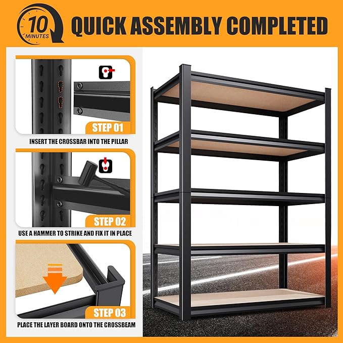 5-Tier Garage Shelving Heavy Duty Storage Shelves, Adjustable Shelving Unit, Utility Garage Organizer Shelf for Basement, Pantry, Kitchen, Warehouse,Supermarket, 31.5" Wx13.8 Dx71.2 H,Black