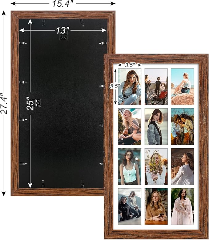 13x25 Picture Frame Display 12 opening 4X6 Picture Frame Collage,Multi Photo Frame with Mat,Plexiglass,Wall Mount Decor,Carbonized Brown Wood Grain