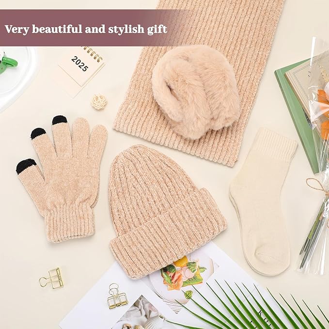 Geyoga 6 Pcs Winter Knit Set Beanie Hat Long Scarf Touchscreen Gloves Ear Muff Socks Warm Valentine Gift for Women Men Snow(Beige,Classic Style)