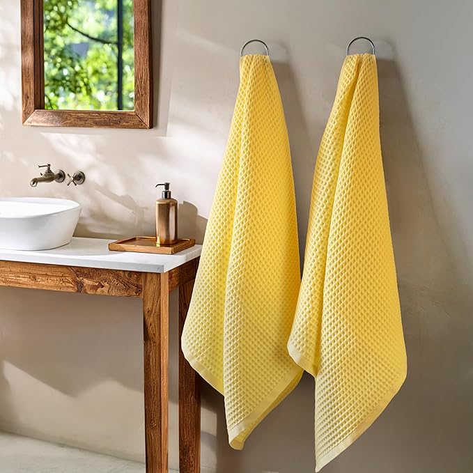 PÜSKÜL - Premium Waffle Towel Set 4 Pieces Yellow - Organic 100% Turkish Cotton Quick-Dry Towels for Bathroom Made in Turkiye (Light Yellow, Towel Set - 2 Hand & 2 Bath Towels)
