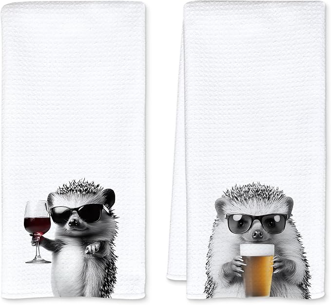 Funny Hedgehog Kitchen Towels Set of 2, Funny Kitchen Decor, Wine Station Wine Bar Decor, Black and White Hedgehog Owner Gift Hand Towel, Dining Room Decorative Tea Towel Dish Towels 16x24 Inch