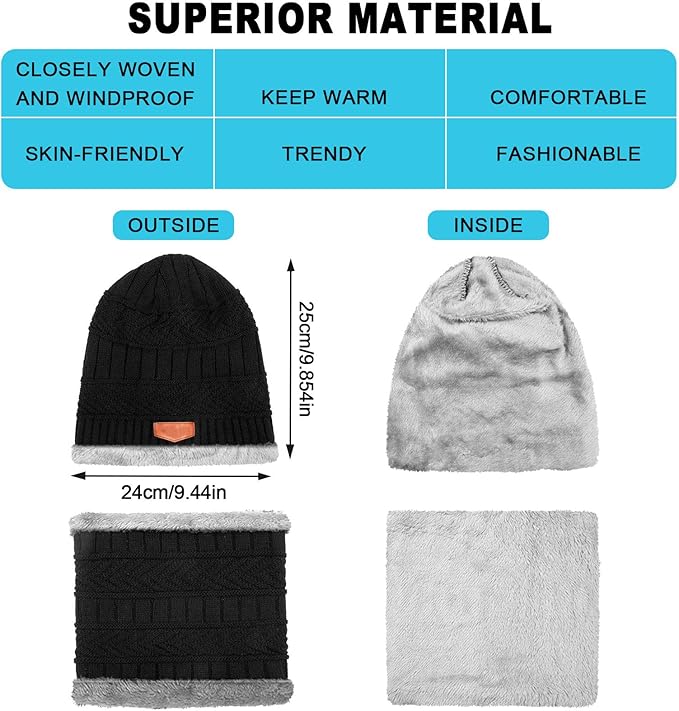 Winter Fleece Lined Beanie Hat Scarf Sock Touchscreen Gloves Set for Men Women