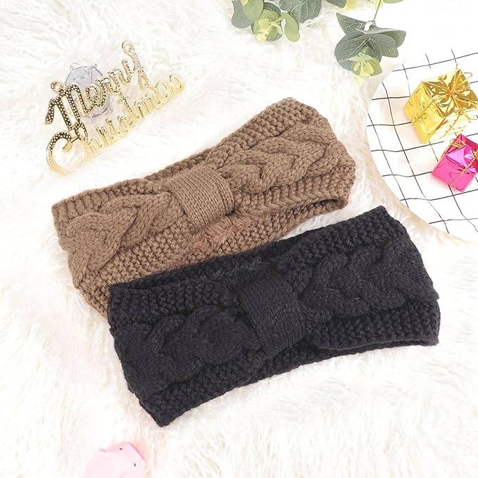 AQOKKA Knit Winter Headbands for Women Fuzzy Wool Fleece Lined Ear Warmers Elastic Turban Crocheted Head Wrap Winter Accessories for Women Cold Weather