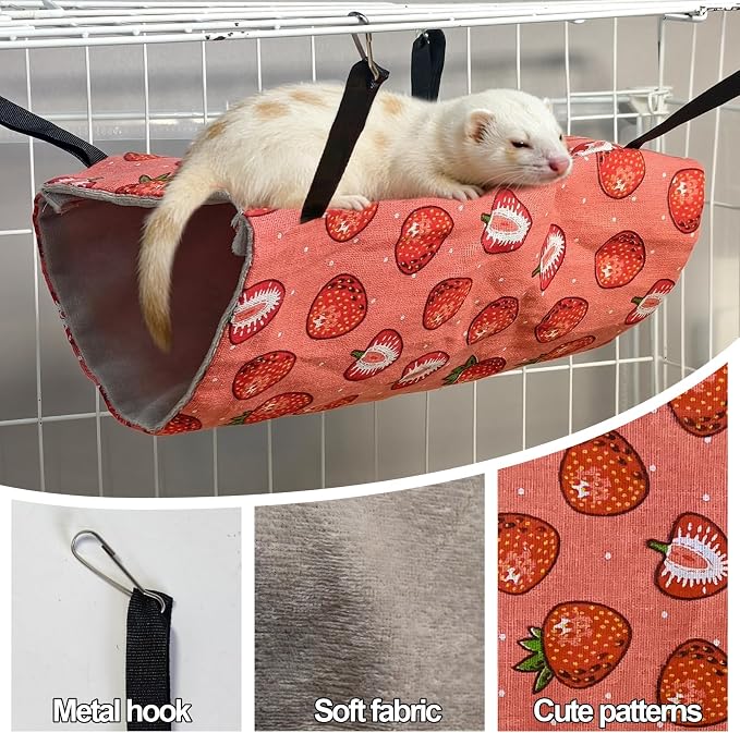 kathson 4 PCS Ferret Hammock Set,Washable Guinea Pig Hideout Bed,Soft Hamster Toys Hanging Tunnel Mats, Small Pets Cage Accessories for Rat, Sugar Glider, Squirrel(Pink)