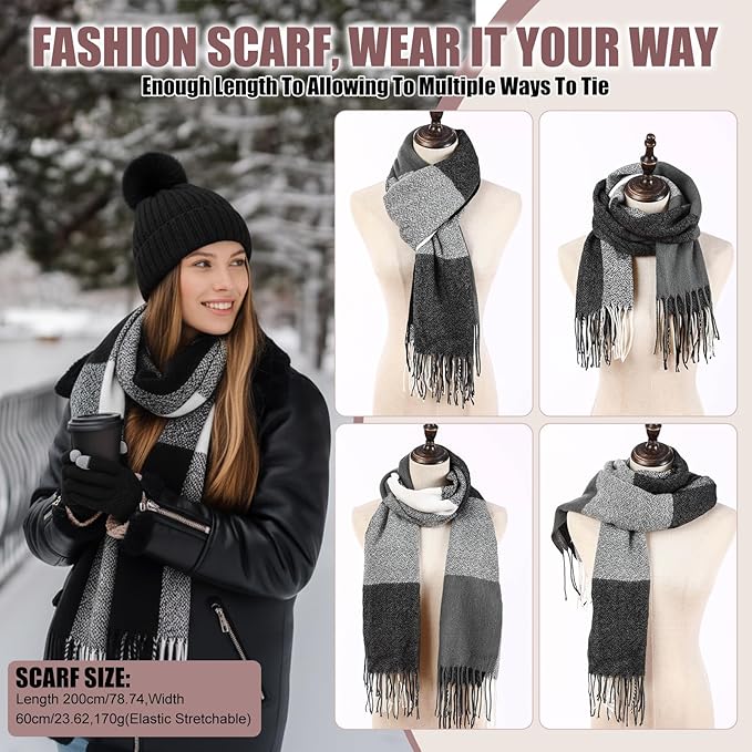 Geyoga 6 Pcs Winter Hat Scarf Gloves Set Knitted Touchscreen Gloves Plaid Scarf Earmuffs Socks Gift for Women Men