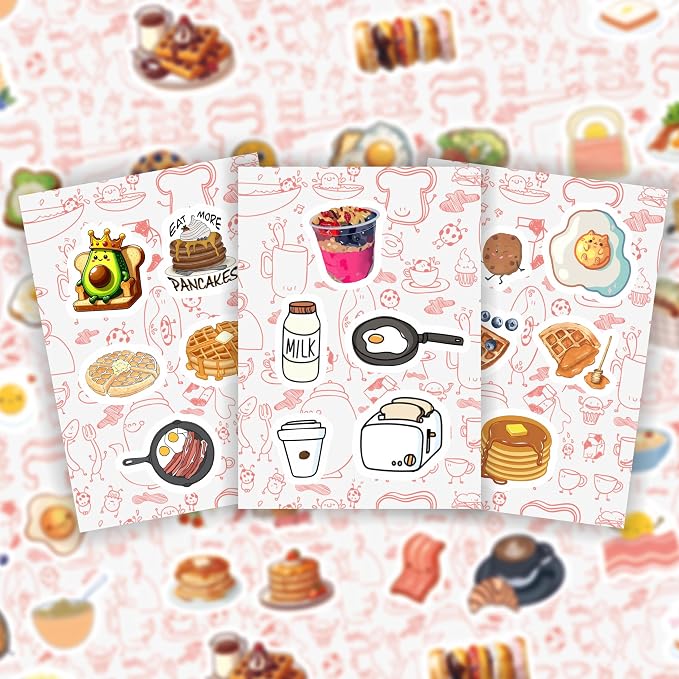 100Pcs Cute Breakfast Food Stickers for Scrapbooking, Water Bottle & Laptop - Breakfast Party Supplies & Decorations, Kawaii Food Stickers, Waterproof Vinyl Decals, Gifts for Women & Men