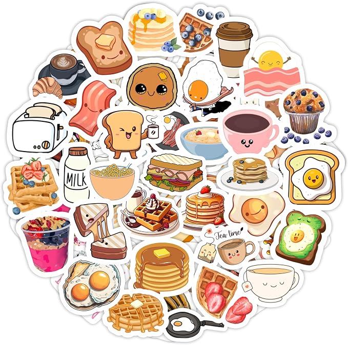 100Pcs Cute Breakfast Food Stickers for Scrapbooking, Water Bottle & Laptop - Breakfast Party Supplies & Decorations, Kawaii Food Stickers, Waterproof Vinyl Decals, Gifts for Women & Men