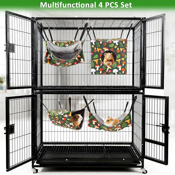 4 Pack Ferret Hammock Set for Cage Comfort Rat Bedding Accessories | Soft Small Animal Hanging Hammock Hideaway Tunnel Toys Cage Accessories for Guinea Pig Hedgehog Sugar Glider Green Mushroom