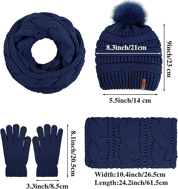 Aneco Womens Winter Warm Sets Knitted Fur Pompoms Beanie Hat Circle Loop Scarf Touch Screen Gloves Winter Favor Accessories