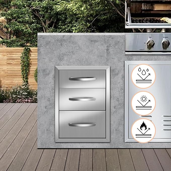Outdoor Kitchen Drawers Stainless Steel 14W x 20.3H x 23D Inch, Flush Mount Triple BBQ Island Drawers with Handle for Outdoor Kitchens, Patio or Grill Station