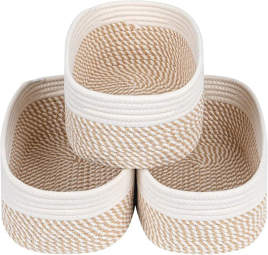CubesLand Small Storage Baskets for Shelves, Closet Organization Storage Bins Empty Gift Basket 3 Packs Baby Nursery Woven Baskets for Organizing, Rectangular Clothes Closet Shelves Baskets