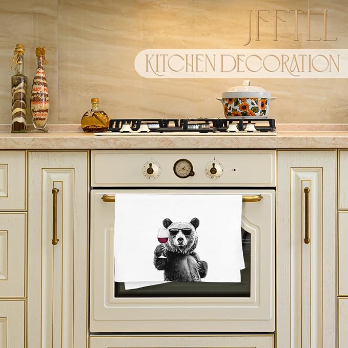 Funny Bear Wine Kitchen Towels, Black Bear Gifts Dish Tea Towels for Kitchen Decor, Bar Towel for Bartender Kitchen, Wine Lover Gift, 16x24 Inch（Upgraded Fabric）