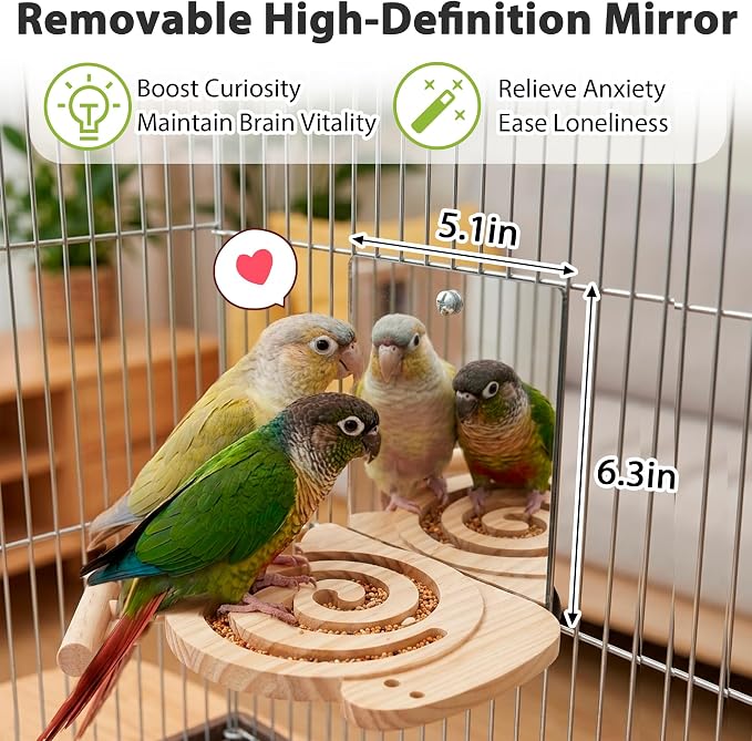 Bird Foraging Toys with Perch & Mirror, Easy for Novice/Older Birds | Kiln-Dried Wood Bird Enrichment Toy for Cage, Slow Feeder & Interaction Puzzle Toy to Reduce Seed Mess, Visible Food Design