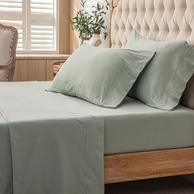PURE ERA Jersey Knit 4pc Bed Sheet Set 100% T-Shirt Cotton Super Soft Comfy Breathable Fits Mattress Up to 20" Extra Deep Pocket (Solid Sage Green, Queen)