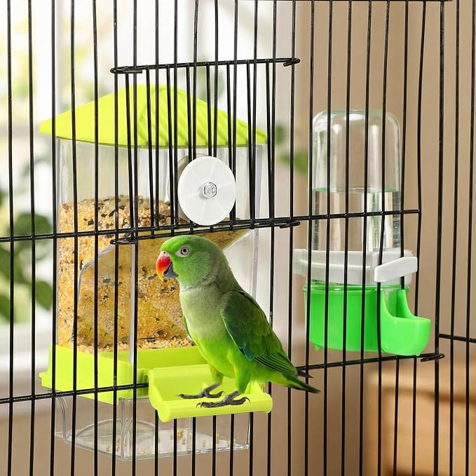 Yaomiao 4 Pcs No Mess Small Bird Feeders Automatic Parakeet Water Dispenser Clear Quail Feeder and Watered Cage Accessories for Small and Medium Parakeet Cockatiel Canary(Assorted,Green)