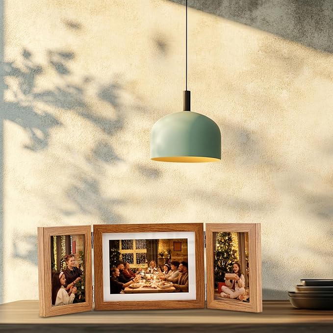 Hinged Tri-Fold 4x6 & 6x8 Picture Frame with Tempered Glass-Tabletop or Wall Mounted Display for Two 4x6 & One 5x7/6x8 Photos (with/without Mat)-Rustic Brown-Z467546