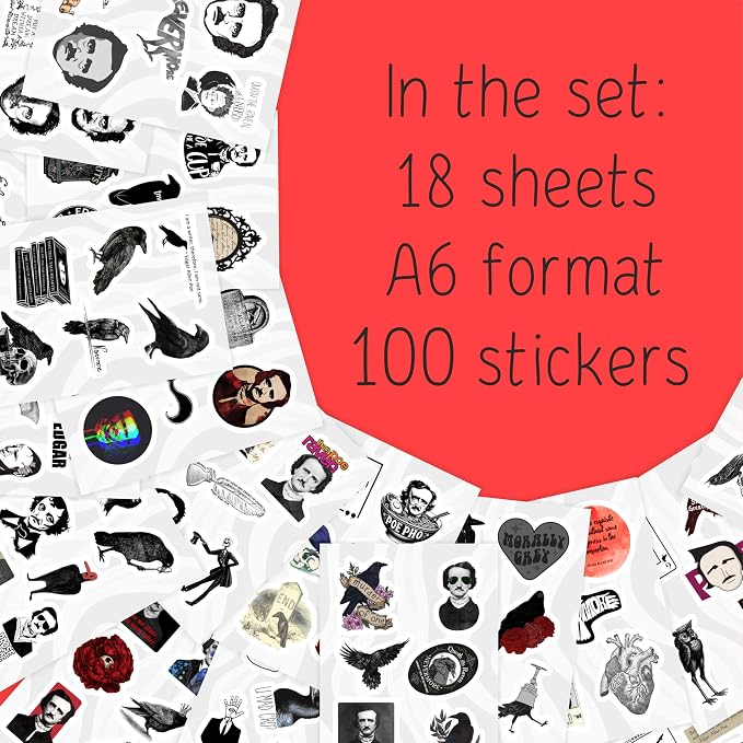100Pcs Edgar Allan Poe Stickers for Water Bottle and Laptop - Edgar Allan Poe Party Supplies & Decorations, Waterproof Vinyl Decals, Literature and Gothic Stickers, Gifts for Women & Men