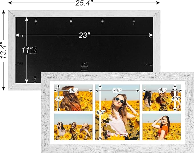 11x23 Picture Frame Display 5 opening 5x7 and 8x10 Picture Frame Collage,Multi Photo Frame with Mat,Plexiglass,Horizontal and Vertical Formats for Wall Decor,Distressed White Wood Grain