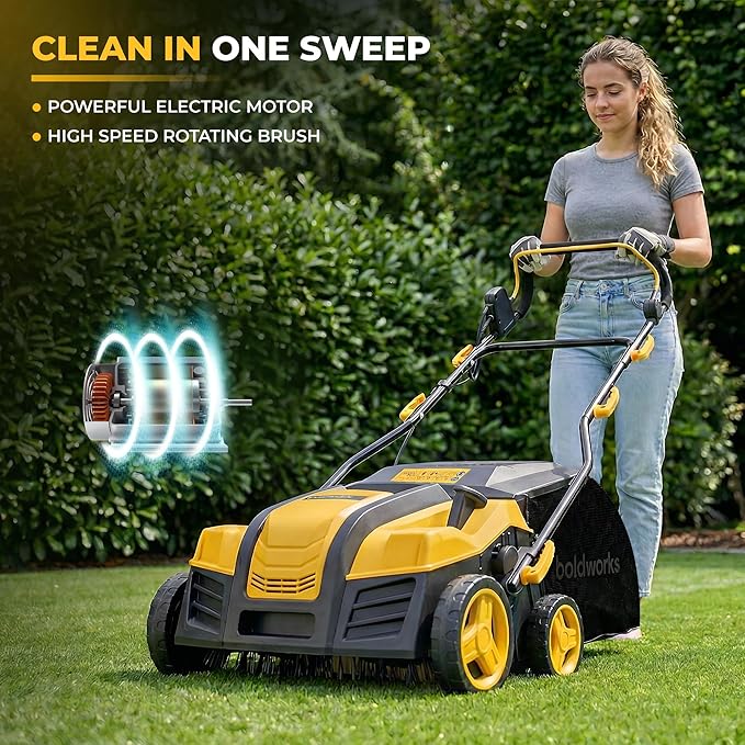 Electric Artificial Turf Sweeper 16” Artificial Grass Sweeper Vacuum with 45L Collection Bag 5 Height Adjustment Foldable Turf Power Broom for Artificial Grass Cleaning