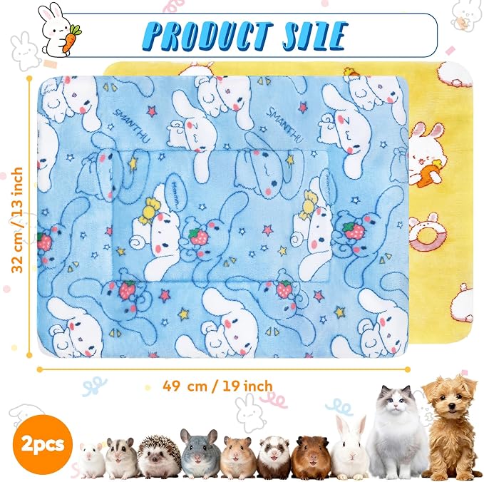 2 Pcs Guinea Pig Bed, Washable Rabbit Bunny Bed Mat Soft Small Animal Winter Bed Pads Sleeping Pads for Rat Chinchilla Hedgehog Hamster Squirrel Ferret (19 x13 inch)