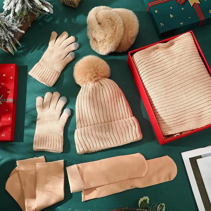 Geyoga 6 Pcs Winter Warm Set for Women Warm Beanies Hats Touchscreen Gloves Long Scarf Ear Muffs Socks Winter Gifts for Women