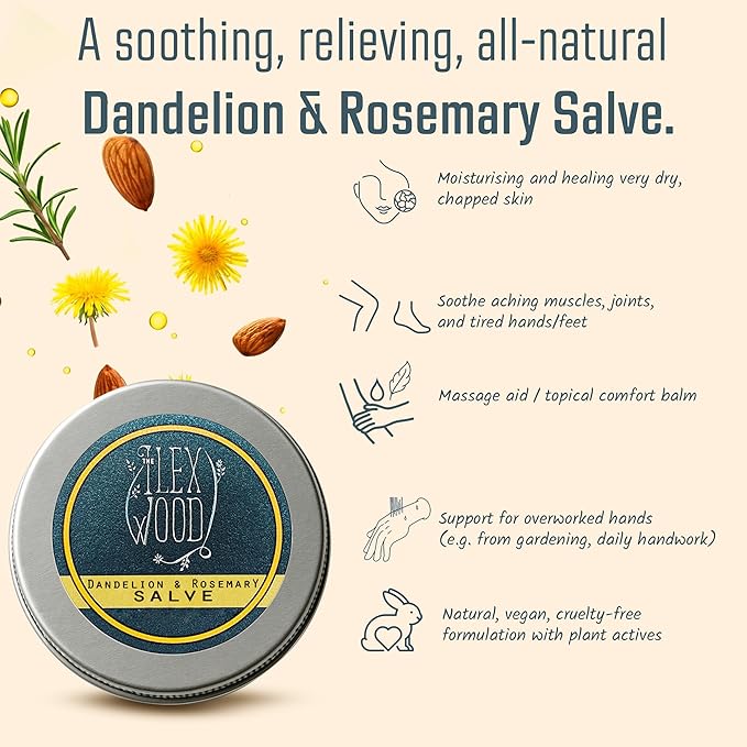 The Ilex Wood - Dandelion and Rosemary Salve - 100% Natural, Vegan, Massage Balm, Sore Muscles, Dry Skin, cruelty free, plastic free, handcrafted - 3.38 fl oz (100ml)