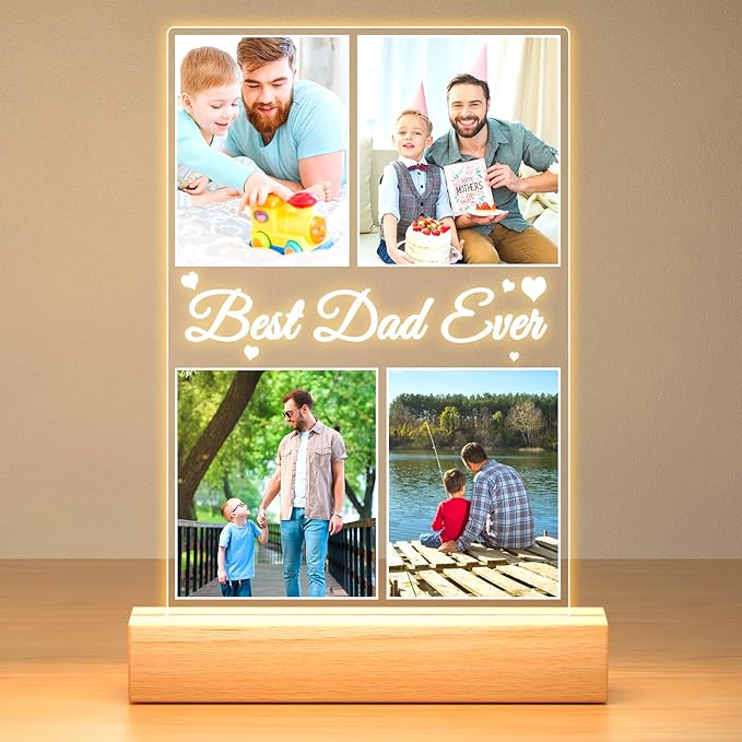 Best Dad Ever Gifts, Custom Collage Picture Frames with Night Light, Personalized Photo Frame, Customized Picture Frame with Photo, Personalized Christmas Birthday Gifts for Dad Baby Kids Family