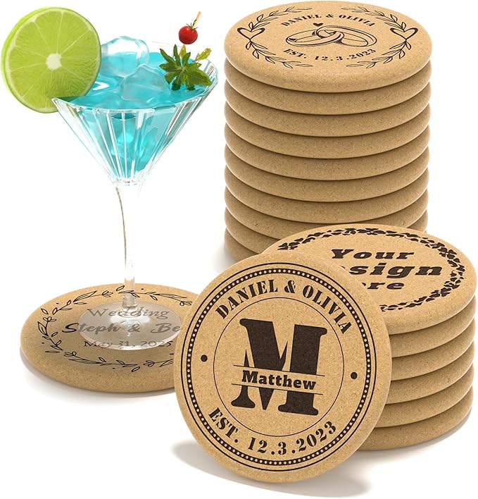 30 Custom Coasters, Personalized Cork Coaster Laser Engraved with Own Design Logo Text, Non-Slip Heat-Resistant Custom Cork Coaster for Wedding, Anniversary, Family Reunion Gifts (Thickend Round)