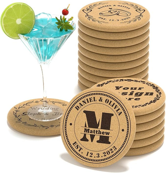 30 Custom Coasters, Personalized Cork Coaster Laser Engraved with Own Design Logo Text, Non-Slip Heat-Resistant Custom Cork Coaster for Wedding, Anniversary, Family Reunion Gifts (Thickend Round)