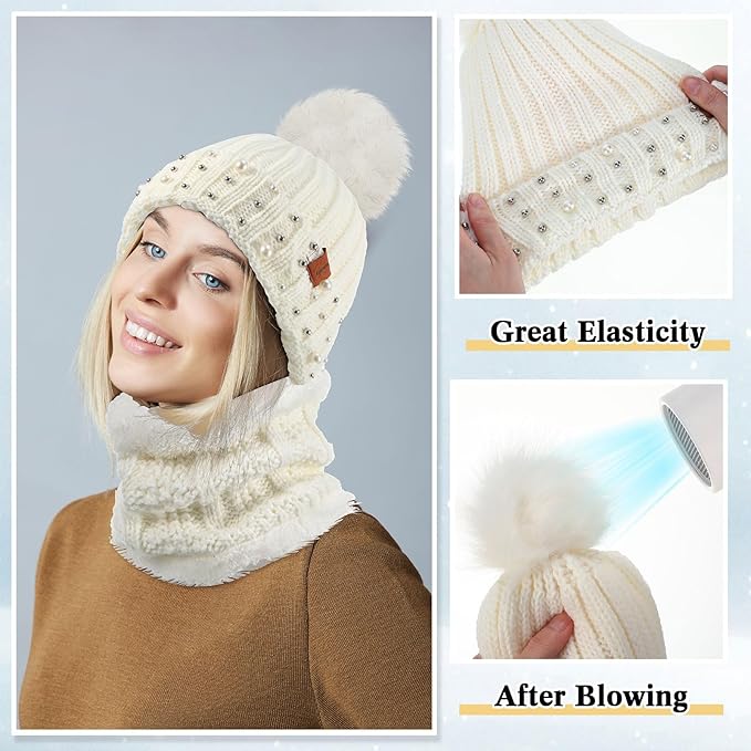 5 Pieces Women Winter Warm Set Knit Beanie Hat Scarf Touchscreen Gloves Earmuffs Stockings 5 in 1 Ski Outing Set for Gift