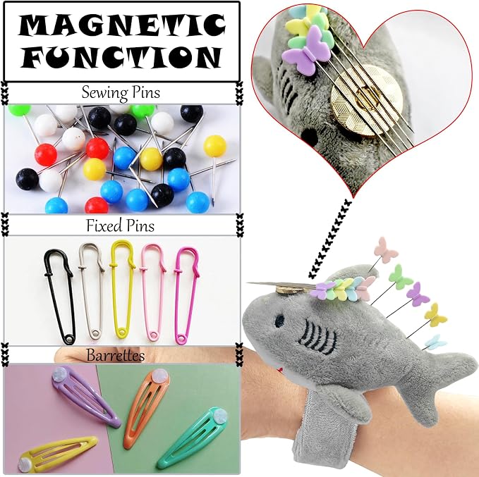 Cute Sharks Wrist Pin Cushion for Sewing with Magnetic, Snap Bracelet Wrist Bands for Pins and Needles Include 50 Lovely Butterfly Straight Pins.
