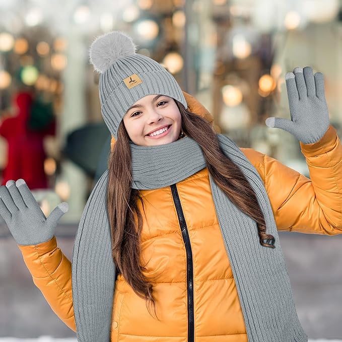 LOROME Women Winter Beanie Hat Scarf Gloves Set, Fleece Knitted Pompom Hat Warm Neck Scarf Touchscreen Gloves Winter Gift