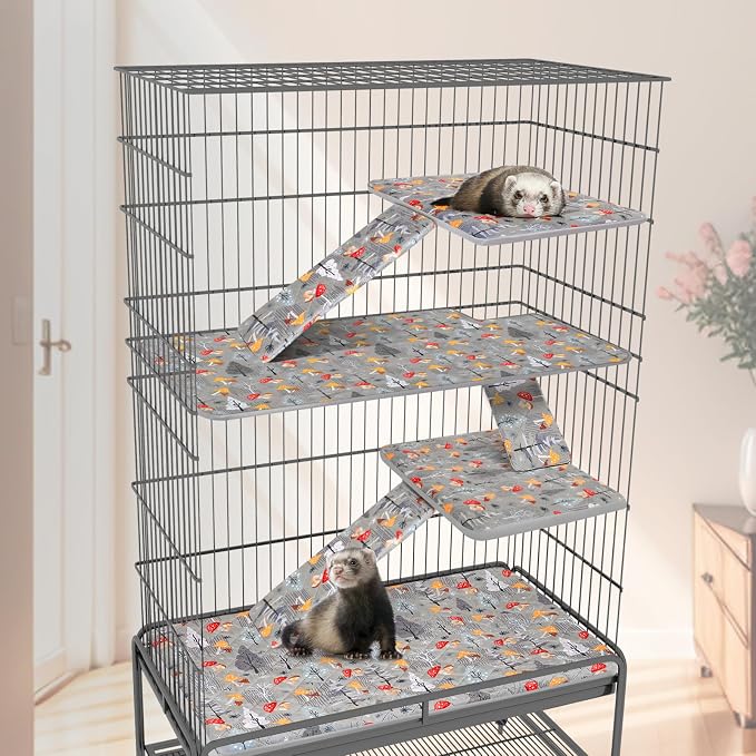Bienbee Ferret Cage Liner Set, Leakproof Ferrets Cage Accessories for Small Animals Rats Chinchillas Hedgehogs Ferrets(Gray Mushroom, Double Unit Combo)