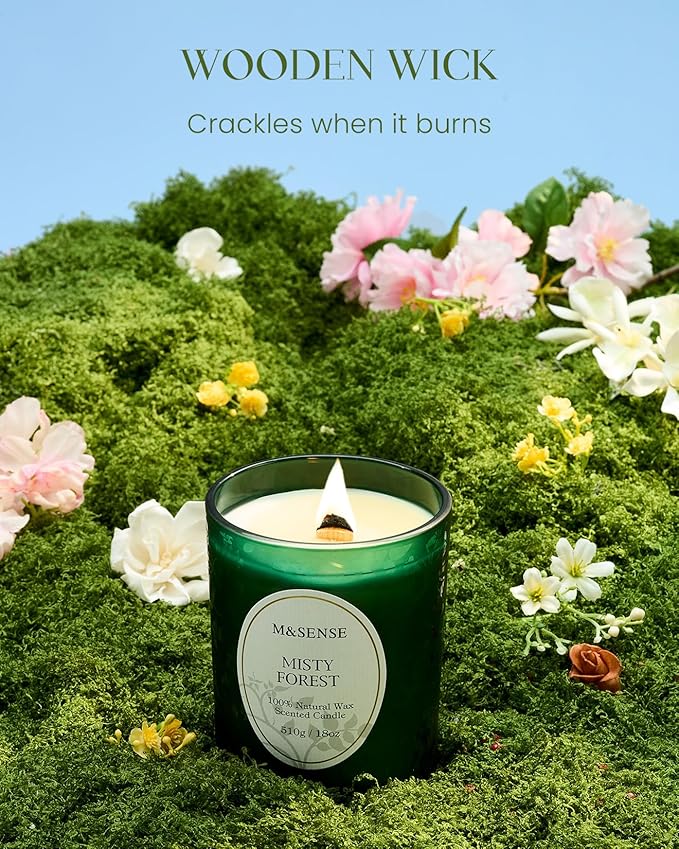 M&SENSE Eucalytus Pine Strong Scented Candle, Wooden Wick Candle, 100 Hours Slow Burning No Toxin Natural Soy Wax 18oz, Relax Aromatherapy Fall Winter Home Fragrance,Housewarming Gifts for Men Women