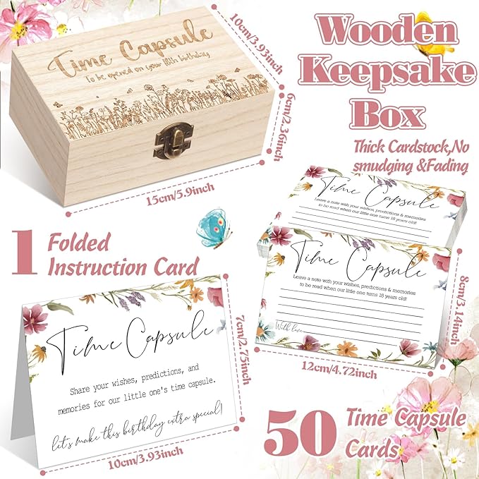 Fuutreo Time Capsule Box 1st Birthday Baby Time Capsule First Birthday Party Games, 1st Activities for Guests, Advice and Wishes Cards Gift Keepsake for Baby Shower Party Supplies(Wildflower)