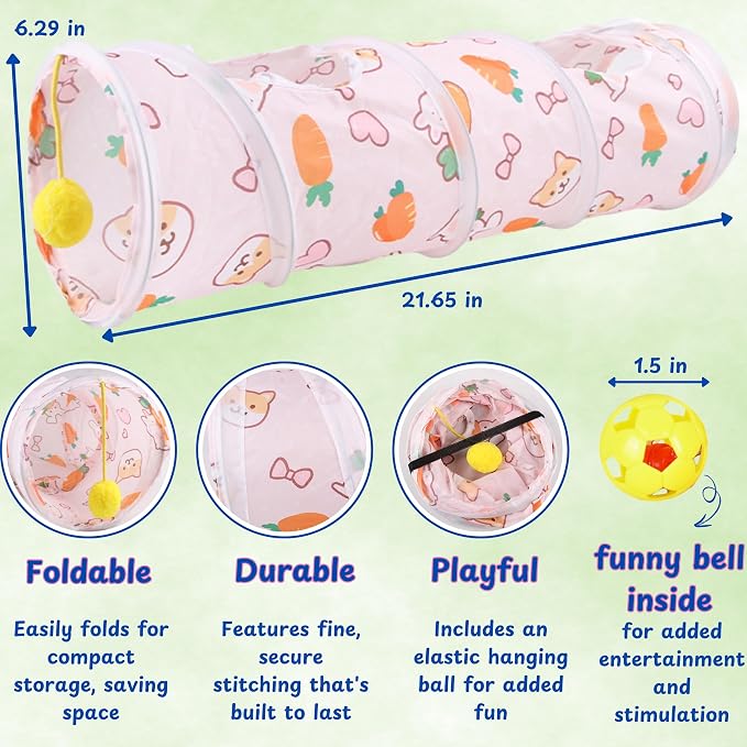 Toys for Hedgehogs Hideout Tunnel with Bell Ball, Hedgehog Hideout with Toys, Hedgehog Tunnel and Bell Balls Toy, Small Animal Hideouts Tubes Toy, Hedgehogs Accessories (Pink, 21.65 * 6.29in)