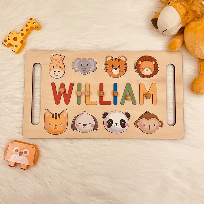 Name Puzzle for Kids Personalized, First Birthday for Baby Boy Girl, Wooden Name Puzzles with Hollowed-Out Handle for Toddlers 1-3, Educational Toys for 1 Year Old (Animal)