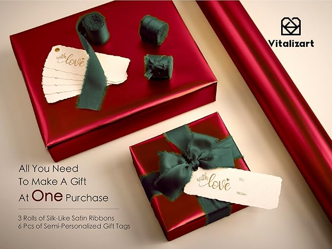 Vitalizart Red Matte Metallic Wrapping Paper Set 17" With Green Silk Like Satin Ribbon & Gift Tags Recyclable Eco-Friendly Christmas Gift Wrapping Birthday Baby Shower Wedding Handmade Crafts 197"(16.4 Ft)