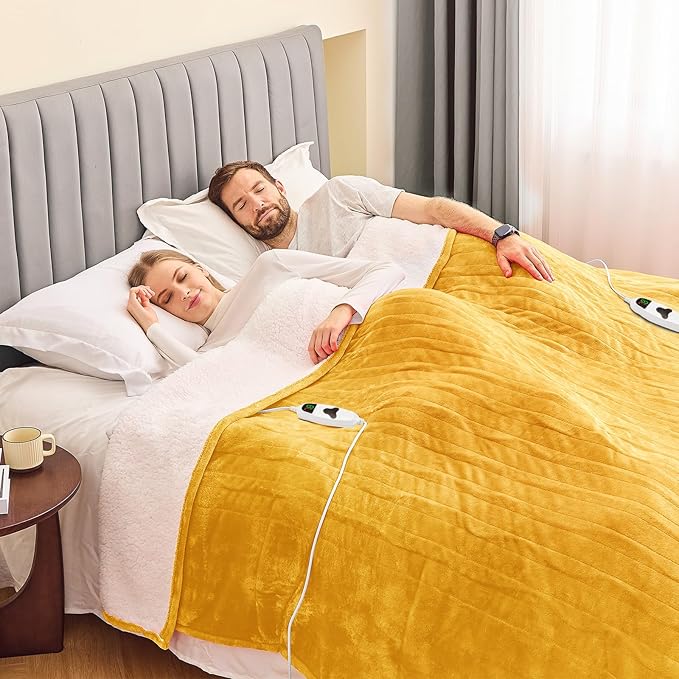 greenoak Heated Blanket Electric King Size 100"X90" Dual Control, Heating Blankets with 10 Levels 8 Hours Auto-Off, Soft Flannel Fluffy House Warming Gifts for Grandma Seniors Mom, Ginger Yellow