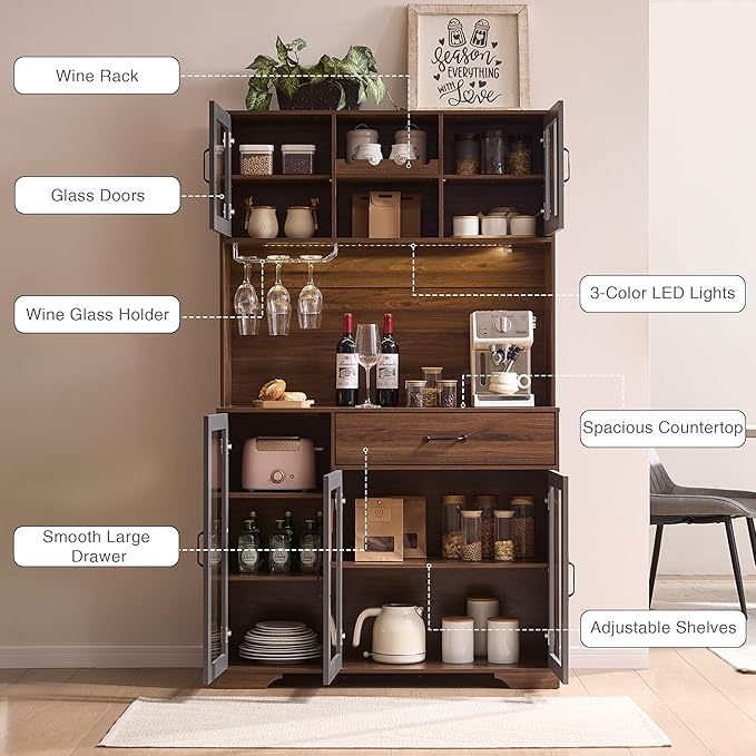 71" Tall Pantry Cabinet, Coffee Bar Storage Cabinet with Charging Station & LED Lights, Kitchen Hutch Food Pantry Cabinet with Wine Rack, Large Drawer, Adjustable Shelves & Microwave Stand, Brown | Coffee Bar, Liquor Cabinet, Power Outlet, LED Lights, ...