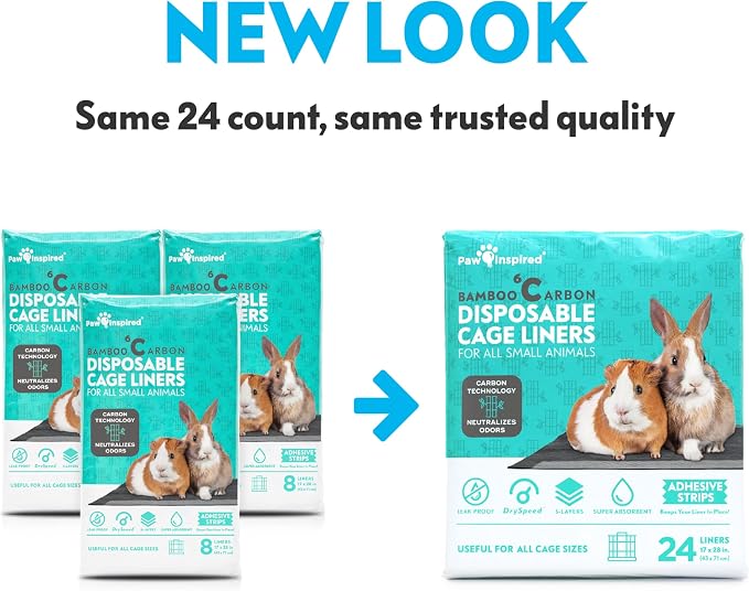 Paw Inspired Disposable Cage Liners, 28x17 Inch (C&C 2x1), 24 Count | Bamboo Charcoal Odor Controlling, Super Absorbent Pads For Guinea Pigs, Ferrets, Rabbits, Hamsters, Small Animals