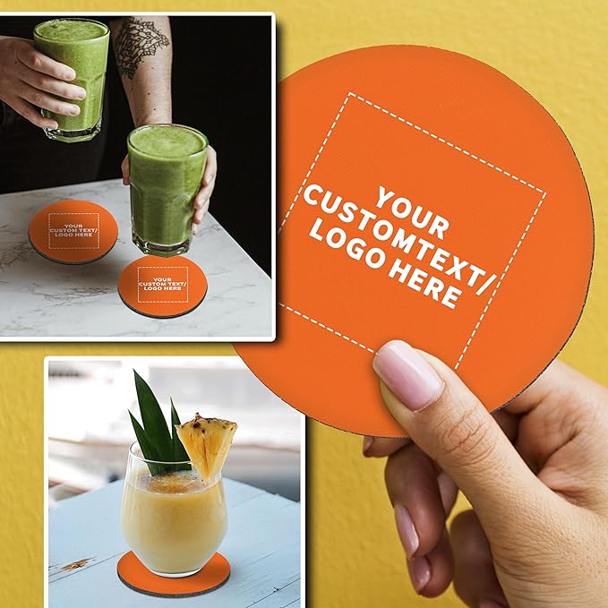 10 Round Foam Bud Coasters Pack, 4 inch - Customizable Text, Logo - PU Foam, Party Favor - Neon Orange