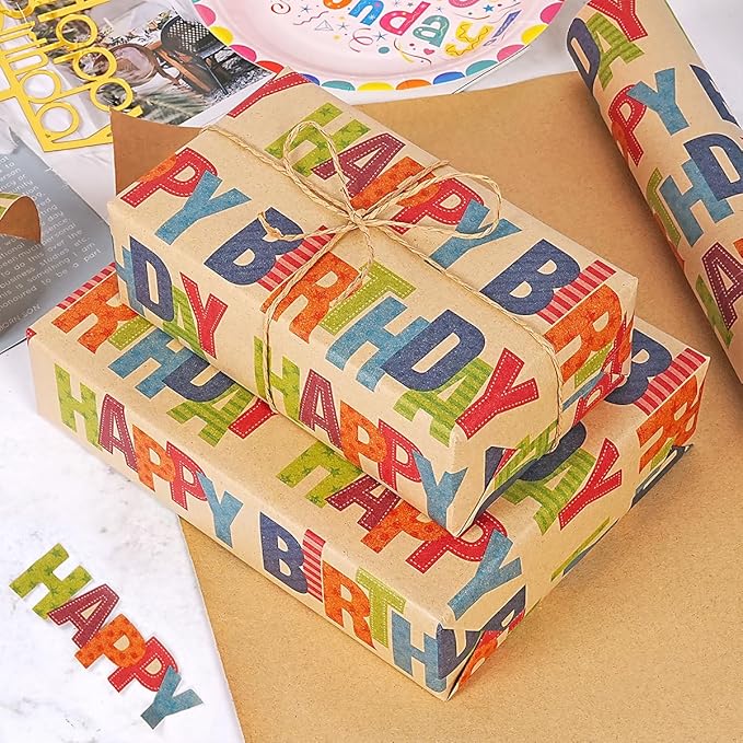 Birthday Wrapping Paper Roll, Kraft Gift Wrapping Paper Jumbo Roll, Colorful Happy Birthday Wrapping Paper for Kids Boys Girls Men Women, Brown Kraft Wrapping Paper for Birthday Party, 17Inchx49Feet