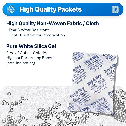 Dry & Dry 50 Gram [40 Packets] Silica Gel Packets, Desiccants - Rechargeable Fabric Silica Gel Packs, Silica Gel, Silica Packets, Desiccant Packs for Storage