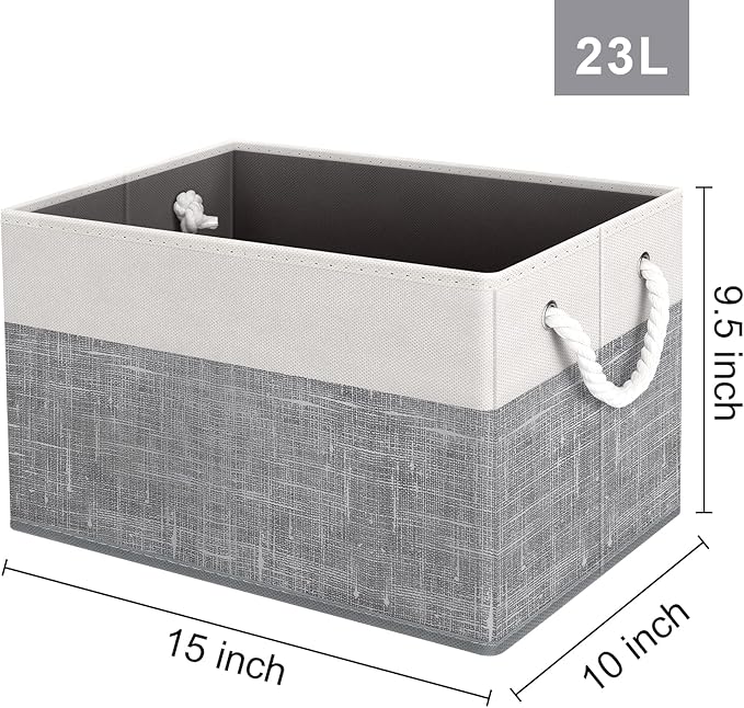 Fab totes Storage Bins [4-Pack], Foldable Storage Baskets for Organizing Toys, Books, Shelves, Closet, Large Storage Box with Rope Handles, Sturdy Organizer Bins, White & Grey