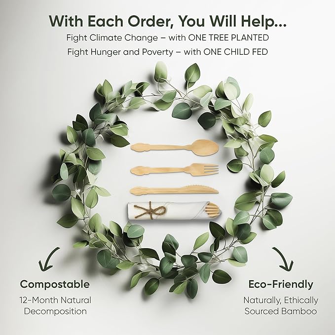 Luxury Pre-Rolled Napkin and Bamboo Cutlery Set (50 Pack, 200 PCS) 100% Biodegradable, Eco-Friendly, Disposable Wrapped Cutlery - Includes Pre-Wrapped Bamboo Forks, Knives, Spoons, & Napkins