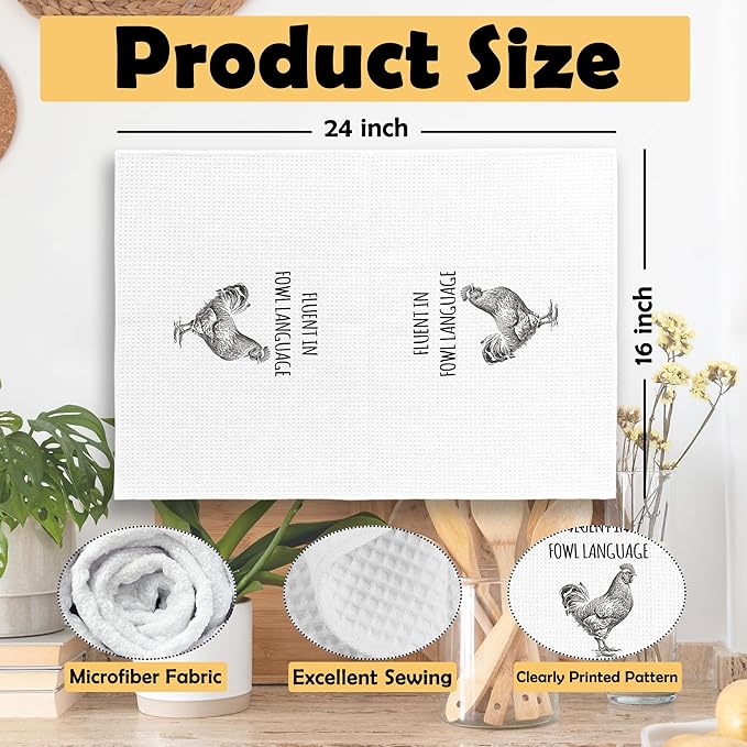 Funny Chicken Kitchen Towels, Chicken Lover Gifts Hand Towels, Fluent in Fowl Language Chicken Kitchen Decor Decorative Tea Towels Dish Towel 16x24 Inch